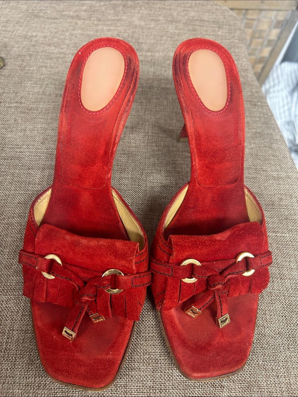 Prada Red Suede Fringe Knot Mules with Gold Hardware